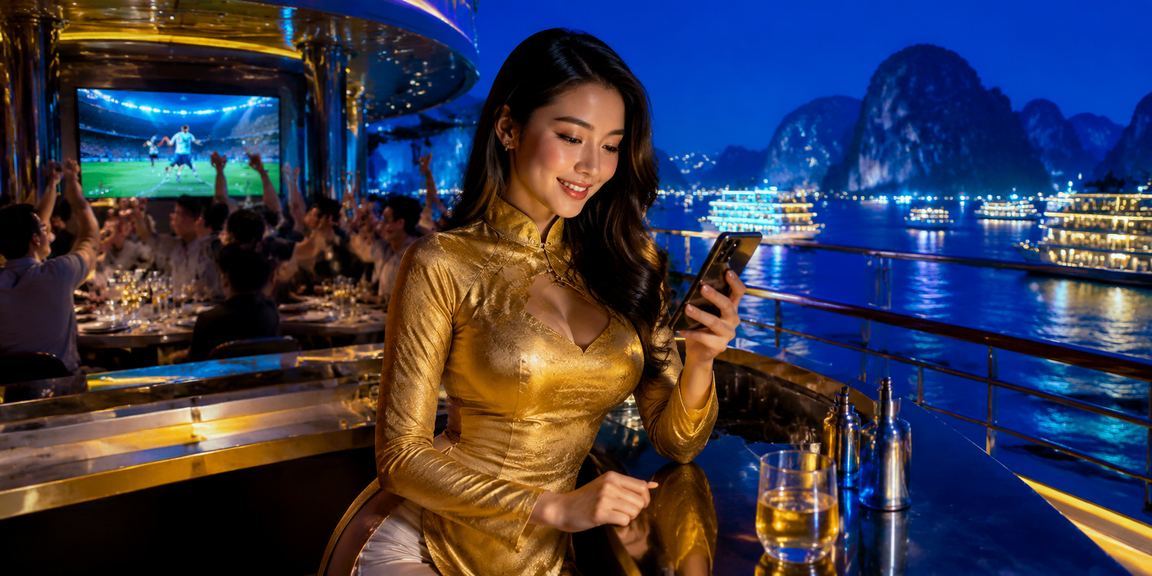 Người dùng mặc áo dài truy cập casino trực tuyến trên điện thoại tại vịnh Hạ Long