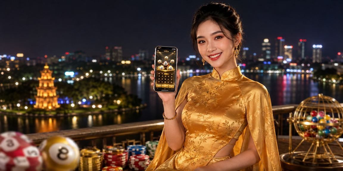 Người phụ nữ mặc áo dài tại Hà Nội theo dõi kết quả xổ số trên điện thoại